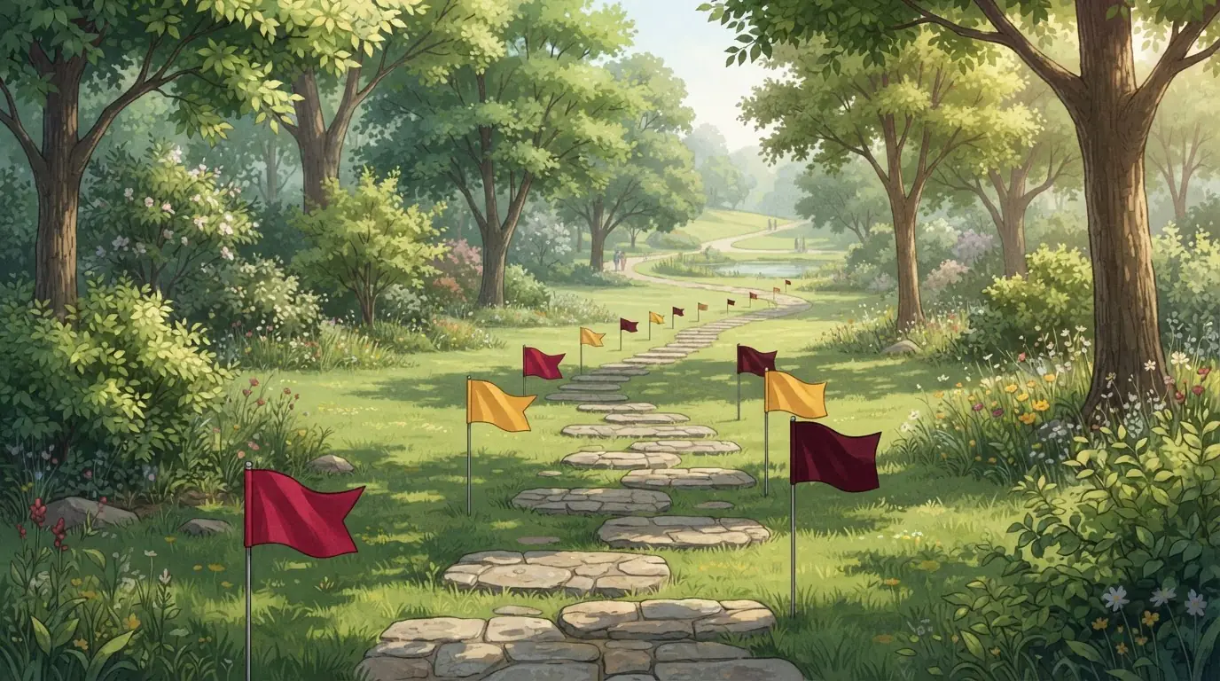 Reihe von Wegmarken entlang eines Parkwegs