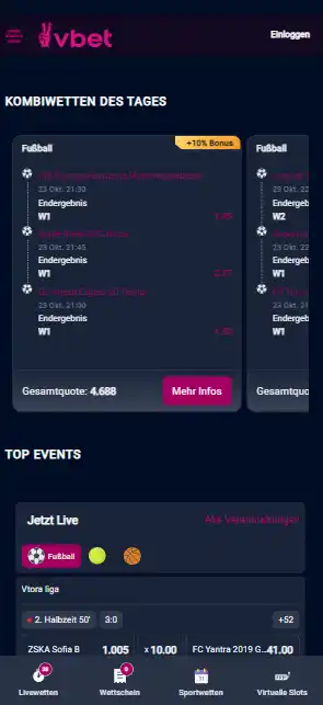 Sportarten-Navigation der deutschen VBET-Seite in mobiler Ansicht