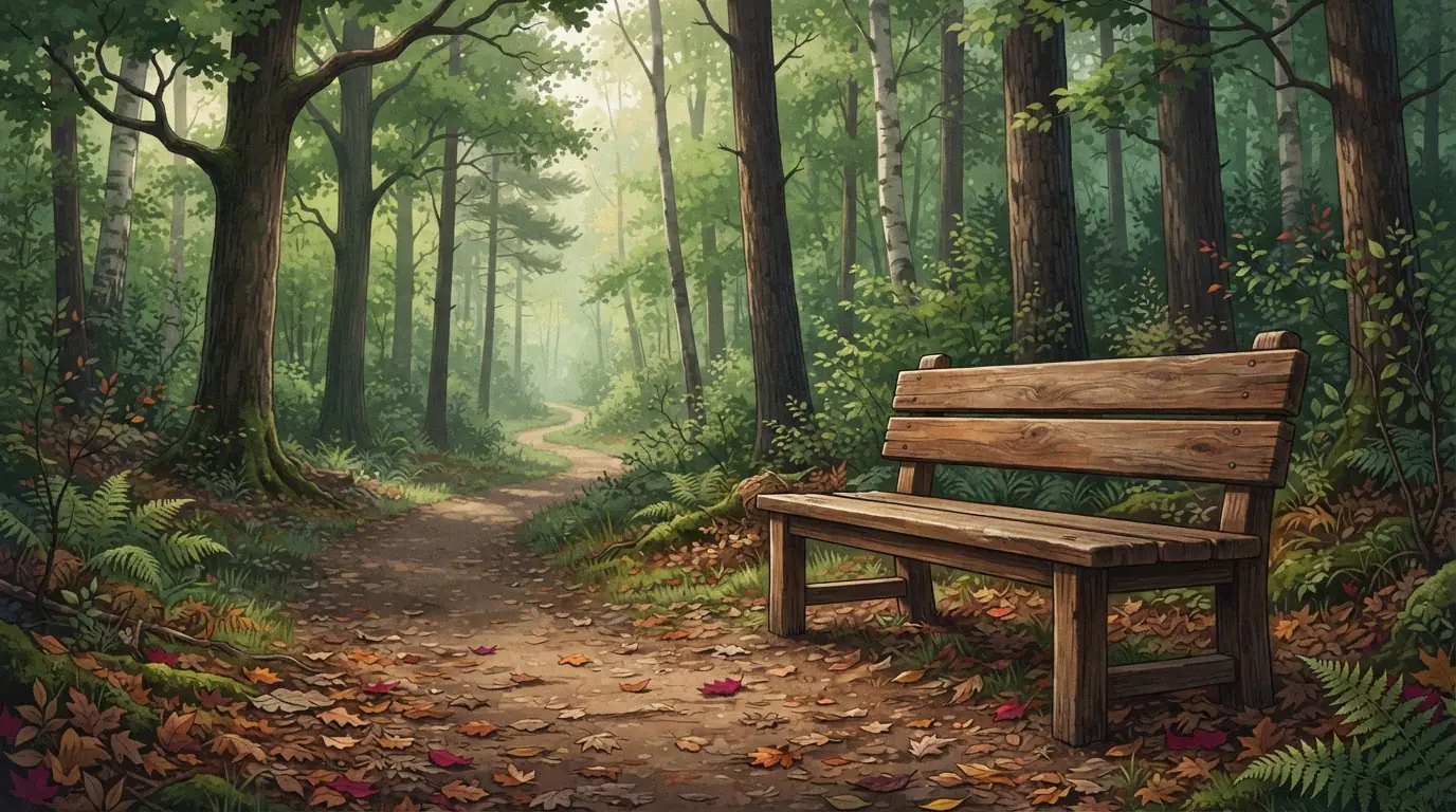 Leere Holzbank an einem ruhigen Waldweg zwischen Bäumen